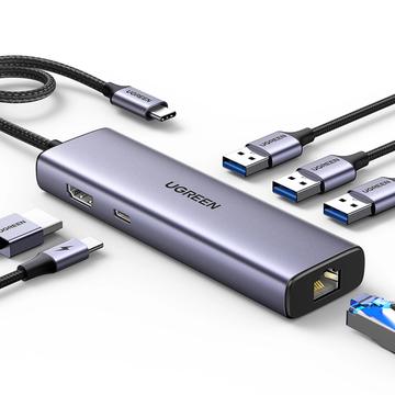 Ugreen CM512 7-i-1 USB-C-hubb - 3x USB-A, 1x USB-C, 1x HDMI, 1x RJ45 - Grå