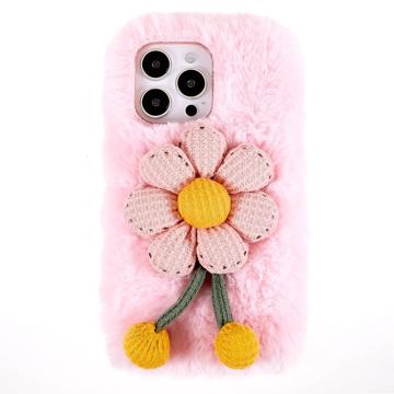 3D Plush Furry Winter iPhone 14 Pro Max TPU Skal - Rosa Blomma