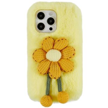 3D Plush Furry Winter iPhone 14 Pro Max TPU Skal - Gul Blomma