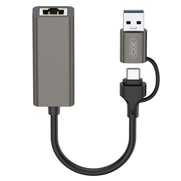 XO HUB018 2-i-1 USB-C / USB-A till Ethernet-adapter - RJ45, 100 Mbps - Grå