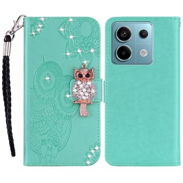 Xiaomi Redmi Note 13 Plånboksfodral med uggla och rhinestone - Cyan
