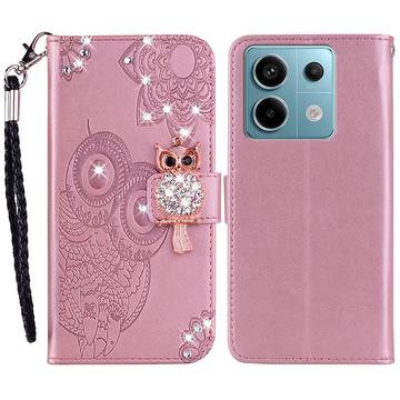 Xiaomi Redmi Note 13 Pro/Poco X6 Plånboksfodral med uggla och strass - Roséguld