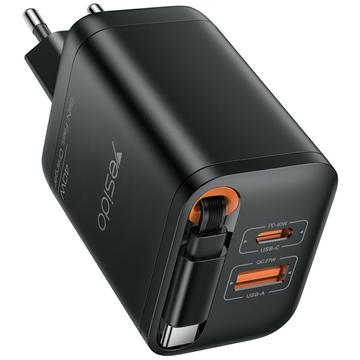 Yesido YC99 40W snabbladdare med utdragbar USB-C-kabel - svart