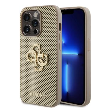 iPhone 15 Pro Guess Perforerad 4G Glitter Logo Skal - Guld