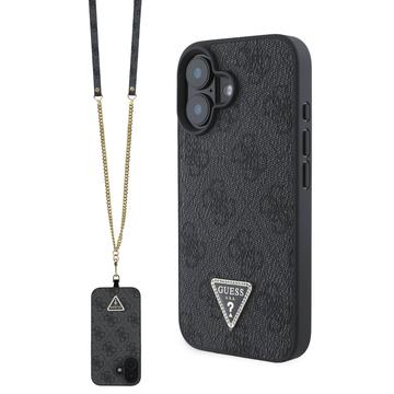 iPhone 16 Guess 4G Strass Triangle Metal Logo Skal med Crossbody-rem - Svart