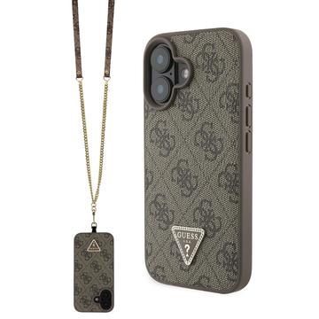 iPhone 16 Guess 4G Strass Triangle Metal Logo Skal med Crossbody-rem - Brun