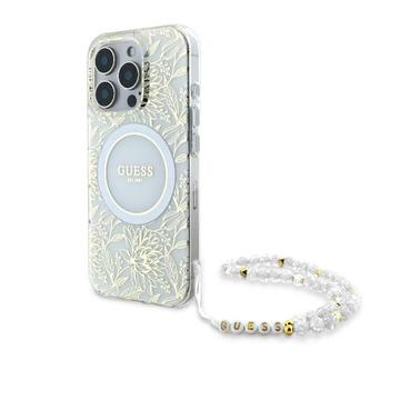 iPhone 16 Pro Guess IML Flowers Allover Electros kal med pärlband - MagSafe-kompatibel - Vit