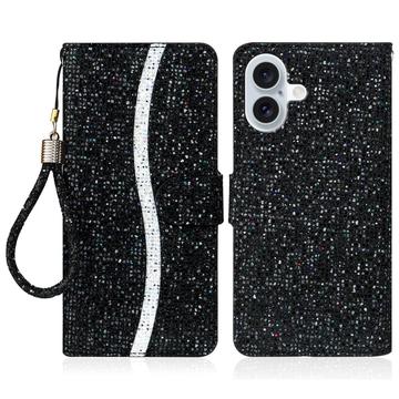 iPhone 16 Plånboksfodral med glitter - Svart