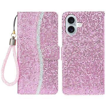 iPhone 16 Plånboksfodral med glitter - Rosa