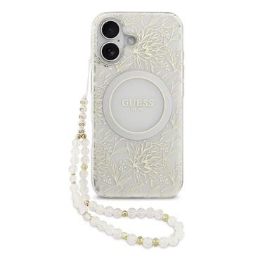 iPhone 17 Guess IML Flowers Allover Electros kal med pärlband - MagSafe-kompatibel - Vit