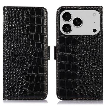 iPhone 17 Pro Crocodile Serie Läder Plånboksfodral med RFID - Svart