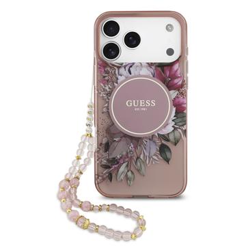 iPhone 17 Pro Max Guess IML Flowers-skal med pärlband - Rosa
