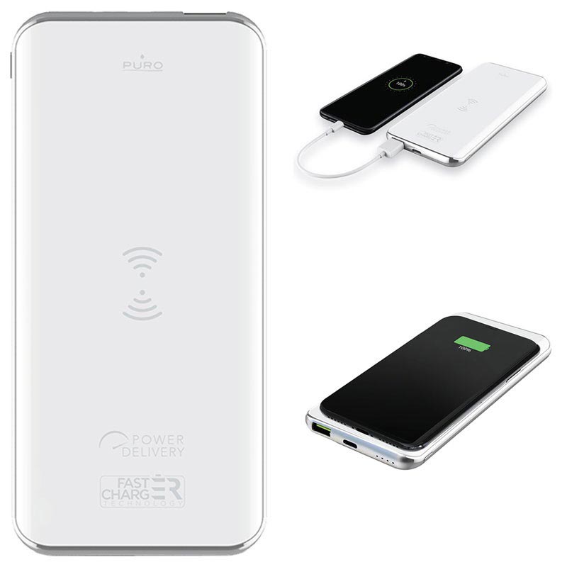 Puro Slim Trådlös Laddare Powerbank USB, Typ C 8000mAh Vit Puro Slim Trådlös Laddare Powerbank USB, Typ C 8000mAh Vit
