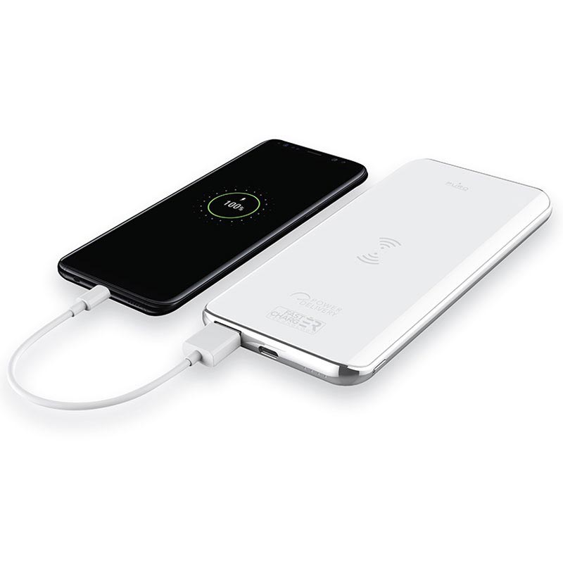 Puro Slim Trådlös Laddare Powerbank USB, Typ C 8000mAh Vit Puro Slim Trådlös Laddare Powerbank USB, Typ C 8000mAh Vit