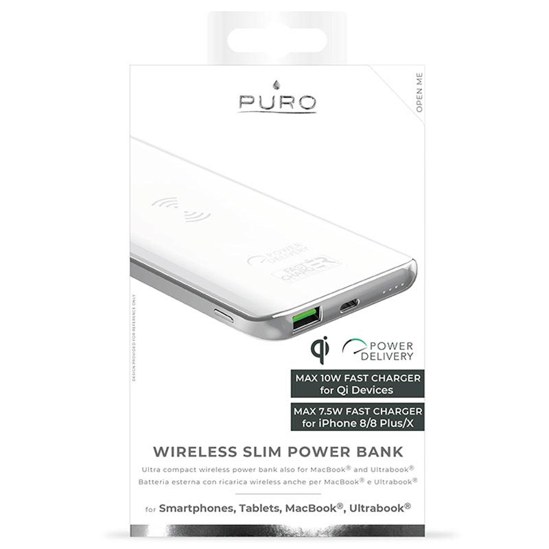 Puro Slim Trådlös Laddare Powerbank USB, Typ C 8000mAh Vit Puro Slim Trådlös Laddare Powerbank USB, Typ C 8000mAh Vit