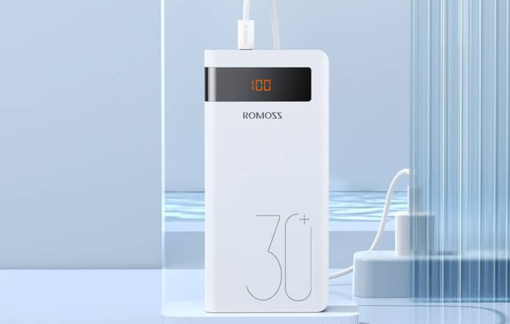 Romoss Sense 8P+ Power Bank 30000mAh med LED-display - 2xUSB-A, USB-C - Vit