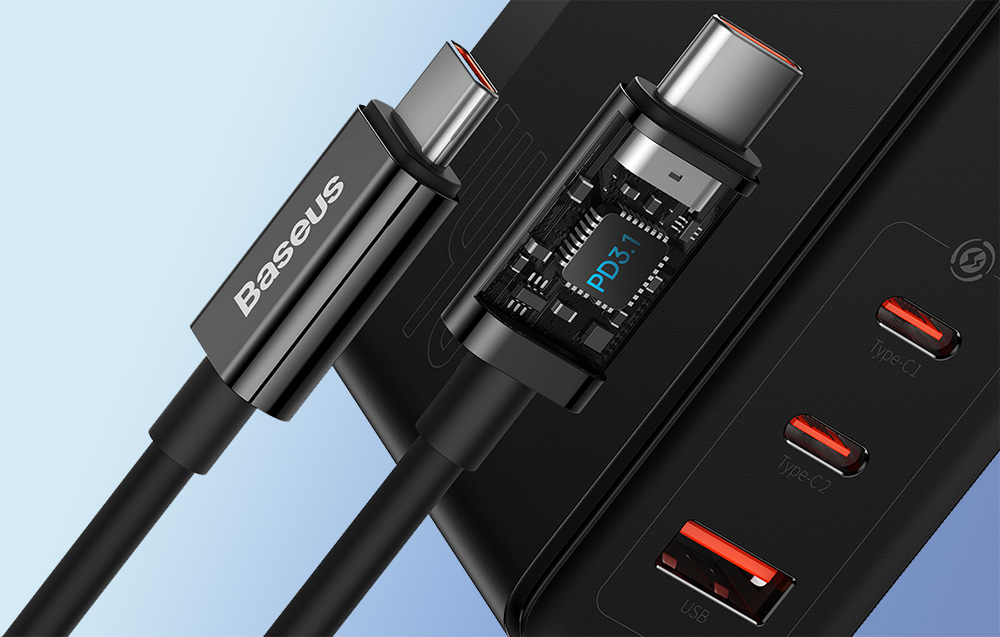 Baseus GaN5 Pro 140W väggladdare med USB-C-laddningskabel - 2xUSB-C, USB-A - Svart