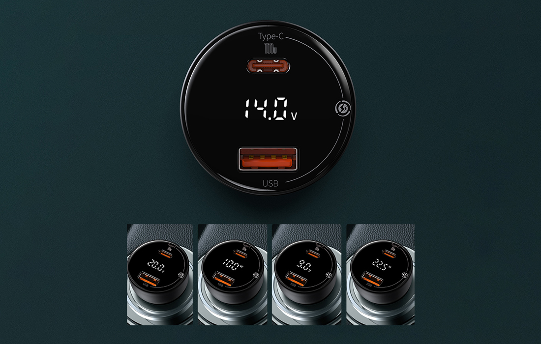 Baseus Superme Digital Display PPS billaddare 100W - USB-C, USB-A - Svart