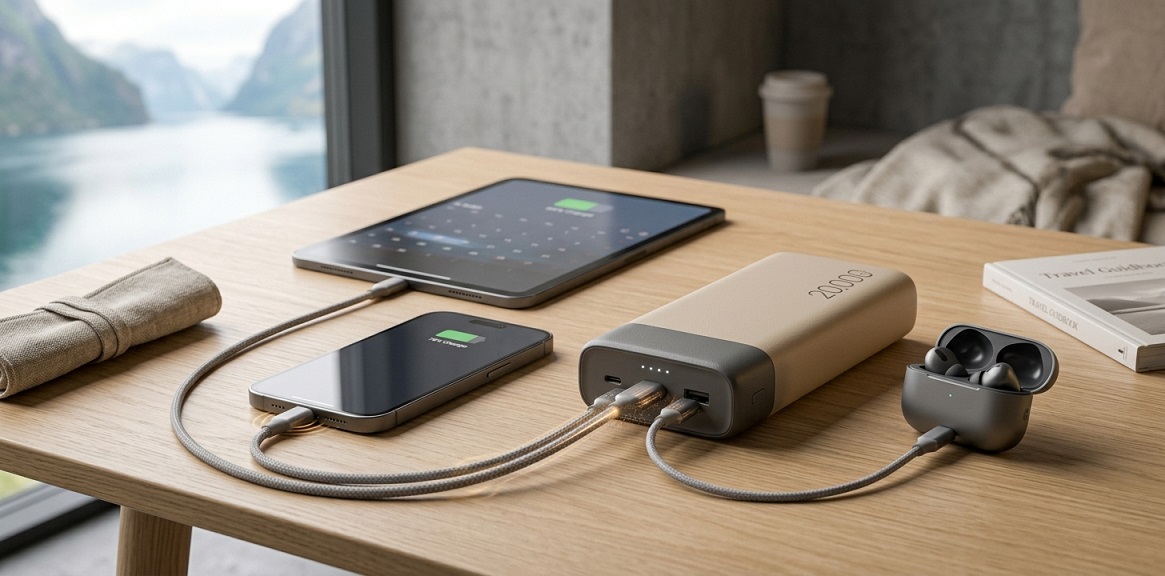 Mobil, surfplatta och flera enheter med powerbank